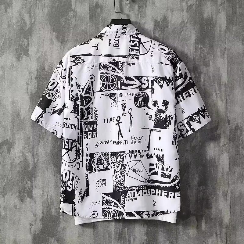 Japanese Retro Printed Short-Sleeve Shirt for Men,Trendy Brand Letter Shirt, Loose Casual VersatileThin Short-Sleeve Dress Shirt