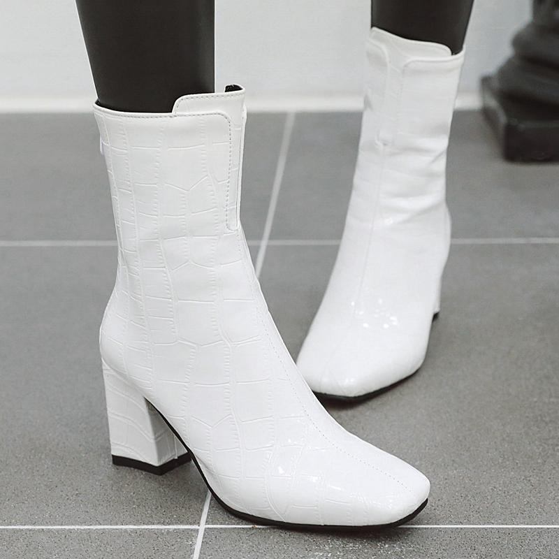 Autumn Women's Ankle Boots Shoes Snake Leather Block High Heel Red White Short Boot Female Fashion Winter Shoes Large Size 48