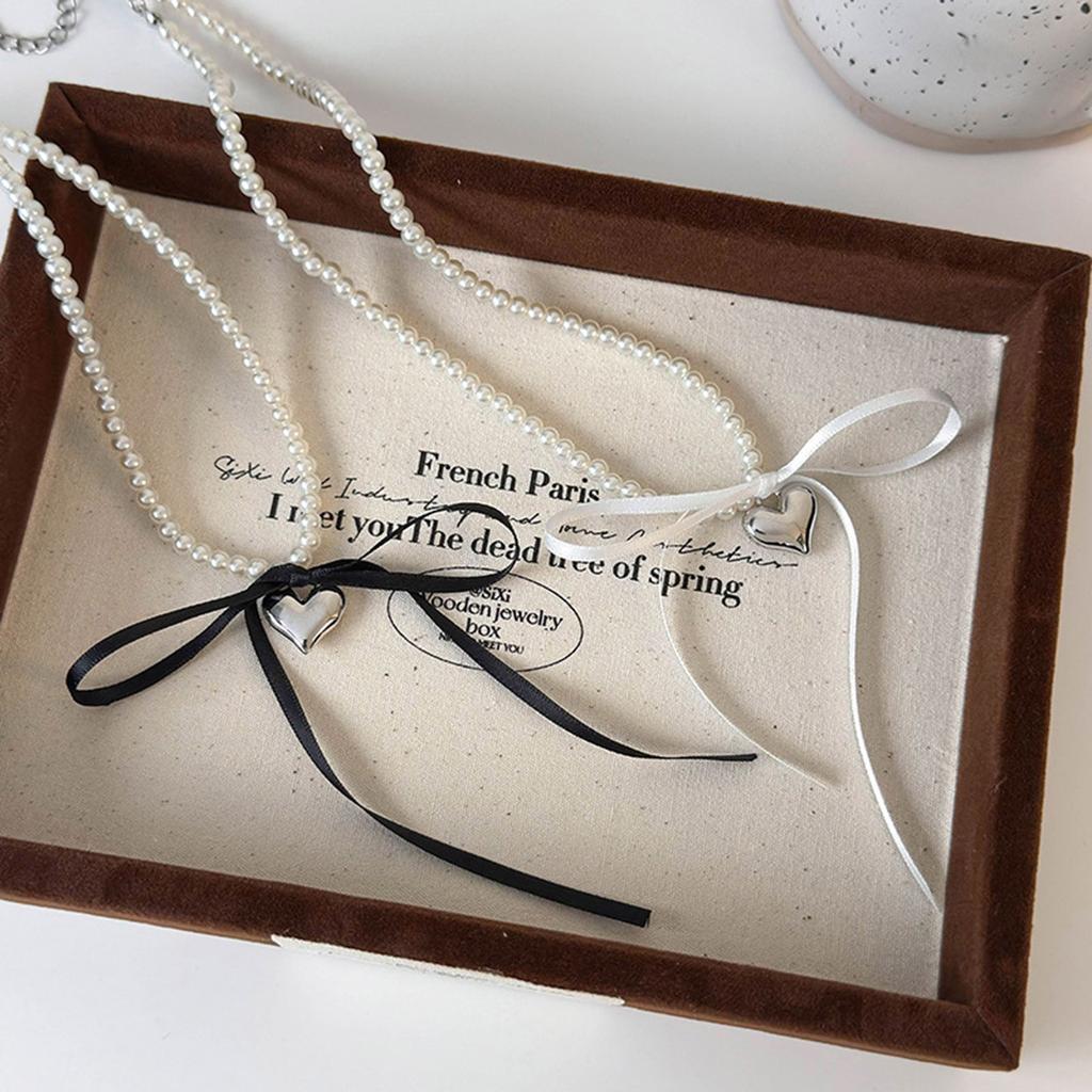 Set of 2 Elegant Necklace Ribbon Bowknot Heart Pendant Neckchain Pearls Beaded Collar Chain for Women Stylish Ornament