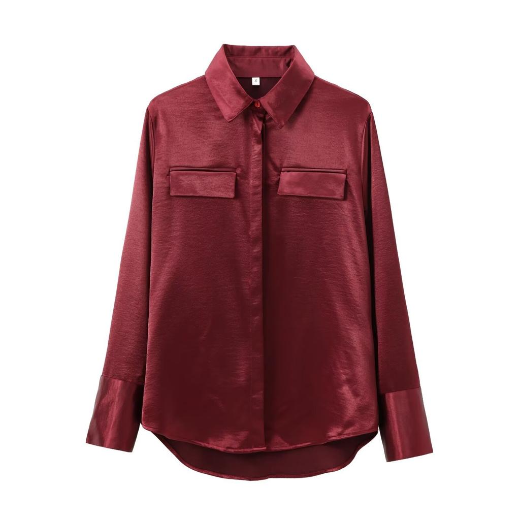 European and American women's clothing 1116 spring new lapel versatile retro double pocket long-sleeved shirt shirt