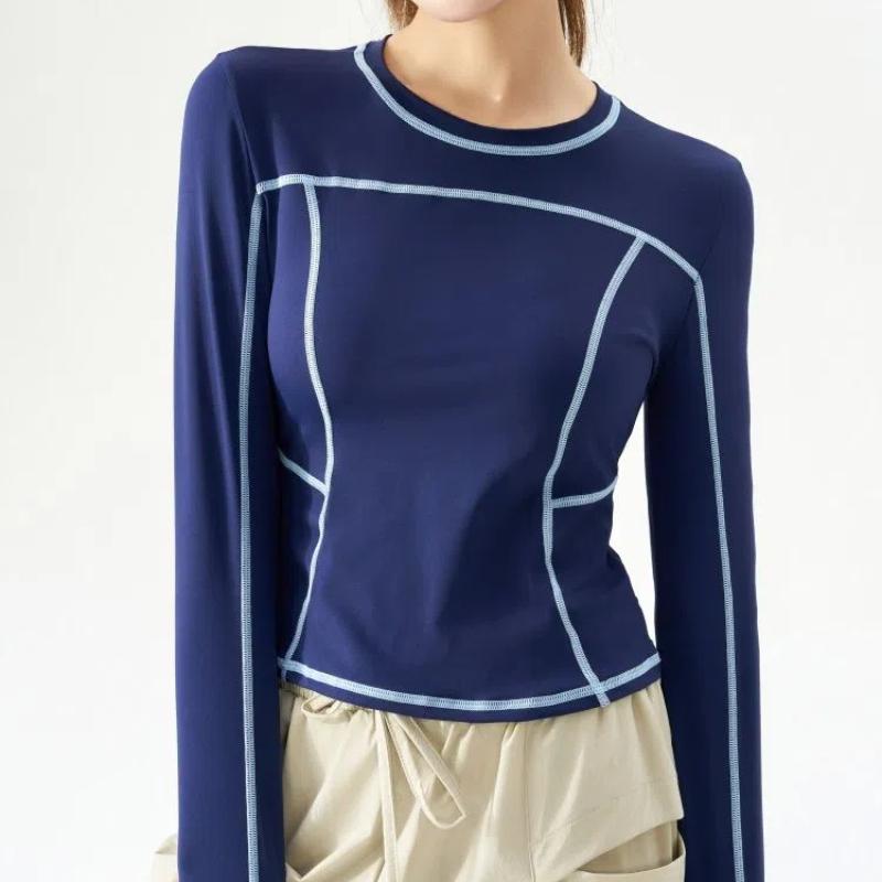 Spring Autumn New Round Neck Long Sleeve Fashion Women High Street Casual Contrast Color Pullovers Quick Drying Tops