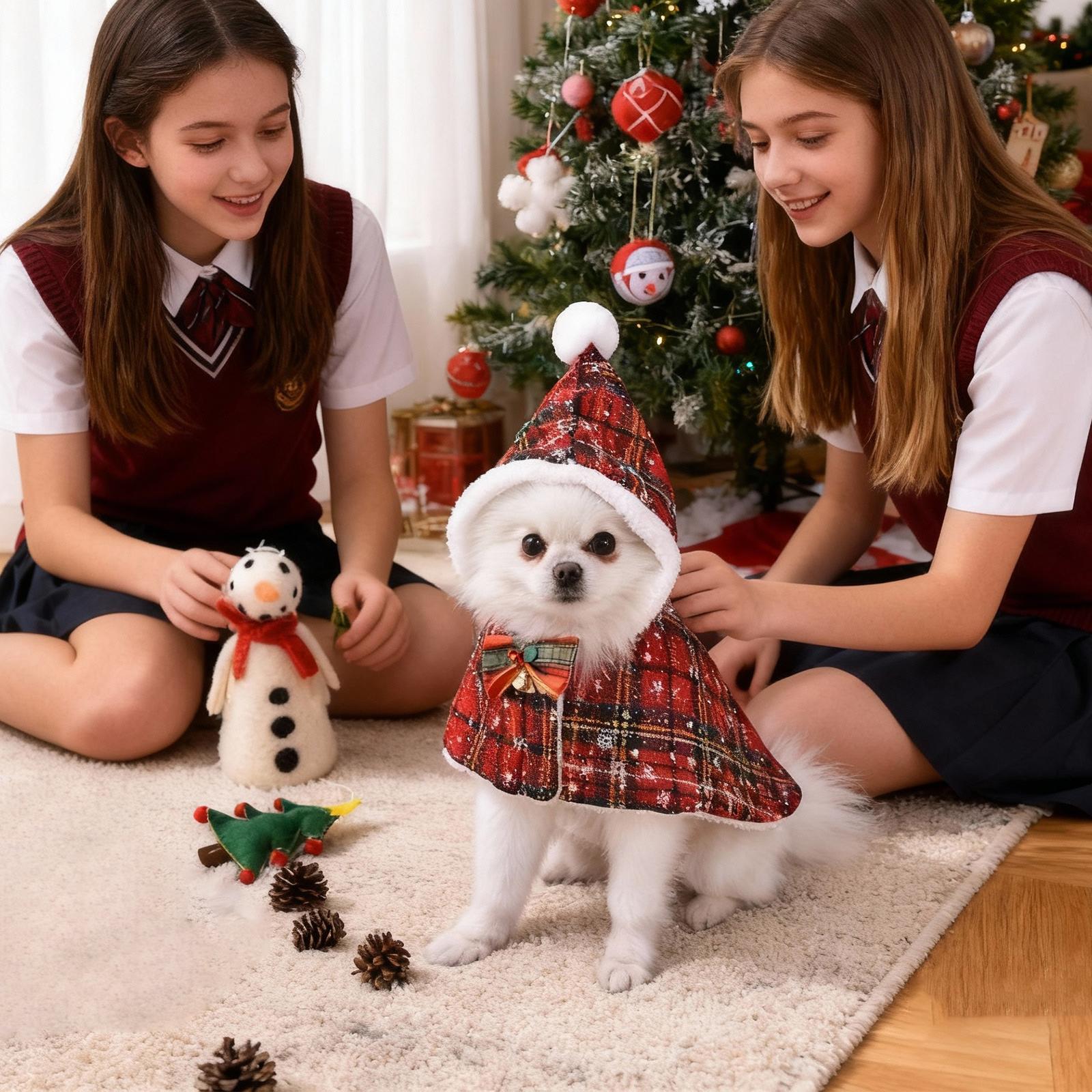 

Christmas Plaid Pet Cape With Hood - Festive Pet Cloak, Warm Fleece Lined Pet Coat For Dogs & Cats, Holiday Pet Costume With Bow & Bell S красный