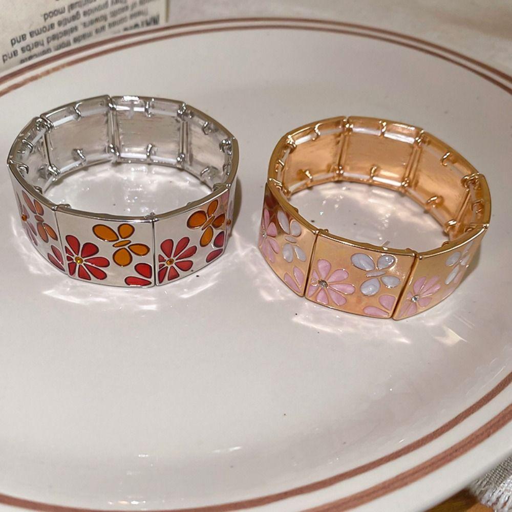 Silver Drip Oil Flower Bracelet Gold Elastic Bangles Geometric Square Bangle Girls Gift