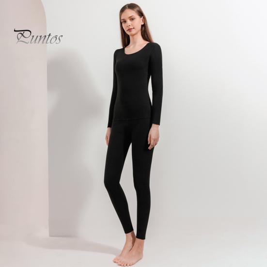 2 Pcs/Set Winter Women Thermal Underwear Set Round Neck Seamless Long Sleeve Warm Thick Double-sided Plush Slim Fit Elastic Lady Cold Weather Pajamas