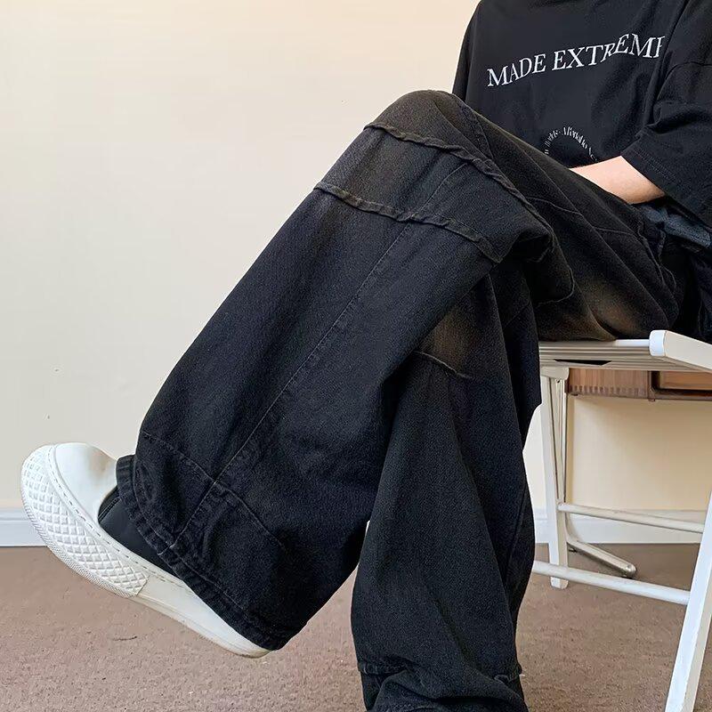 Men's Loose Fit Black Wide-Leg Jeans, Trendy Pleated Flared Casual Pants