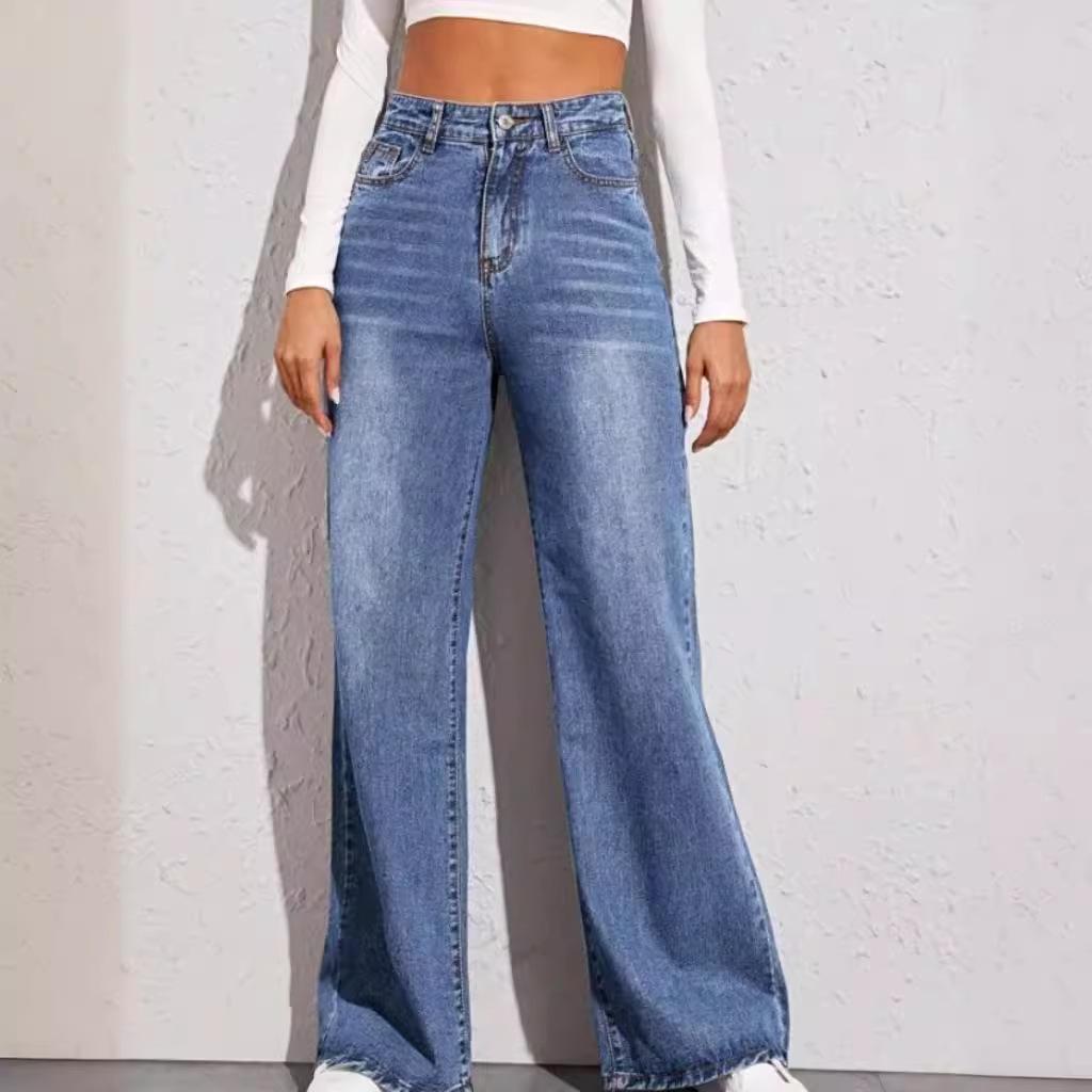 Spring Autumn Wide Leg Jeans for Women Straight Long Pant Denim Trousers High Waist Loose Elegant Trouser