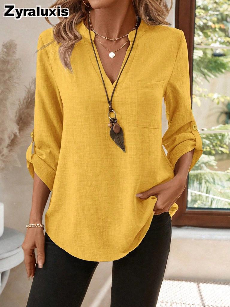 Spring/Summer Imported New Style Women's Shirt Casual Loose Oversized V-Neck Solid Color Blouse