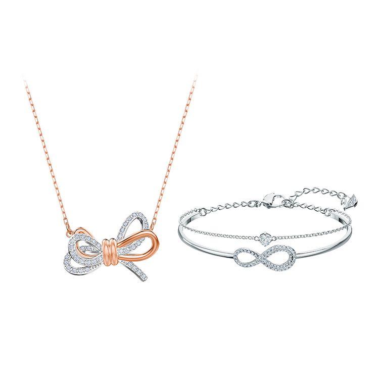 Swarovski Lifelong Bow & SwA Infinity Necklace And Bracelet Set Women Jewelry ES2021071307 White Gold Bracelet+Rose Gold Necklace,F