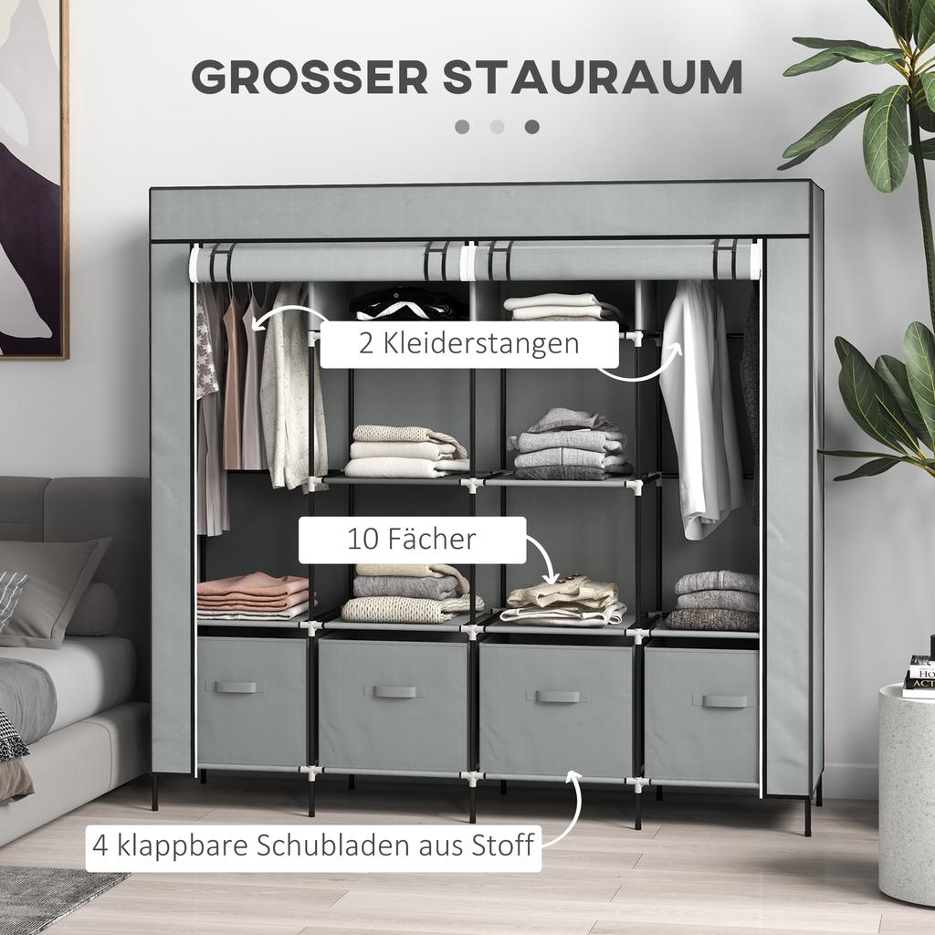Wardrobe Fabric Wardrobe, Doors, 2 Clothes Rails, 10 Compartments, Grey