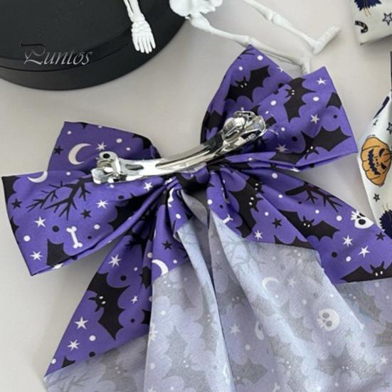 Pumpkin Print Bow Barrette Halloween Silky Satin Hair Bows, Big Ribbon Clips, Oversized Dynamic Long Tail Barrettes, Cute Accessories for Women Girls