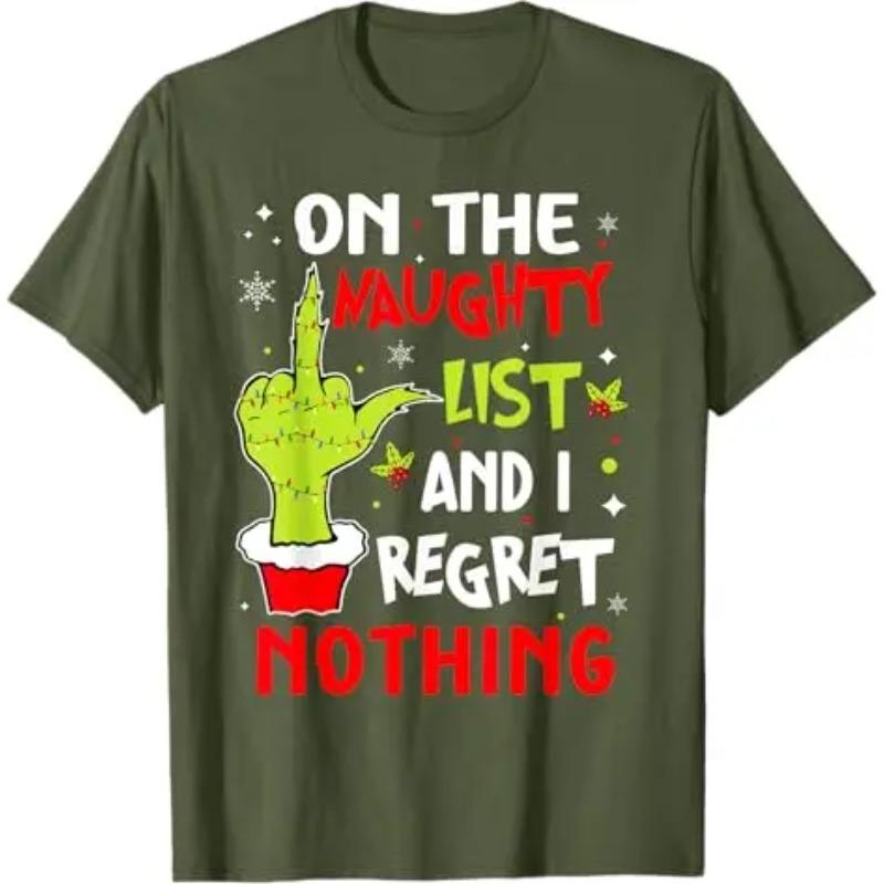 Cotton Tops Funny on The List of Naughty and I Regret Nothing Christmas T-Shirt Humorous Santa Claus Xmas Costume Letters Printed Saying Tee