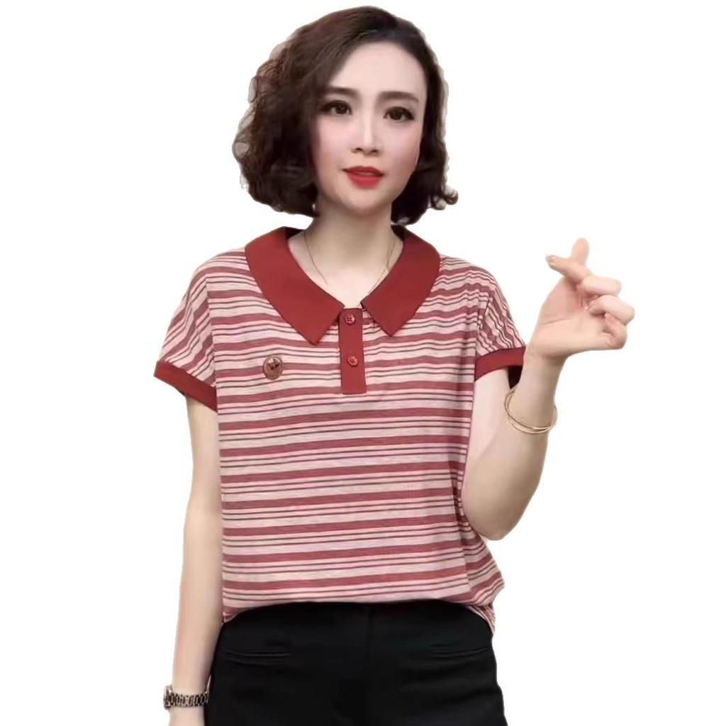 2025 Summer New Striped Polo Shirt Short-sleeved T-shirt Small Shirt Women's Loose Large Size Top