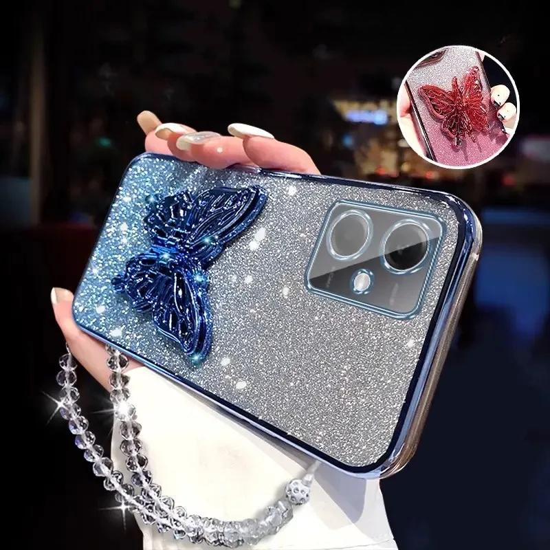 3D Butterfly Phone Holder Crystal Bracelet Glitter Plating Case for Xiaomi POCO X5 Pro 5G Back Cover