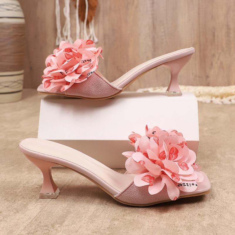 Explosive Flower Slippers with Thin Heels Women's Summer New Square Toe Open Toe One-slip Anti-slip Wear-resistant High Heels