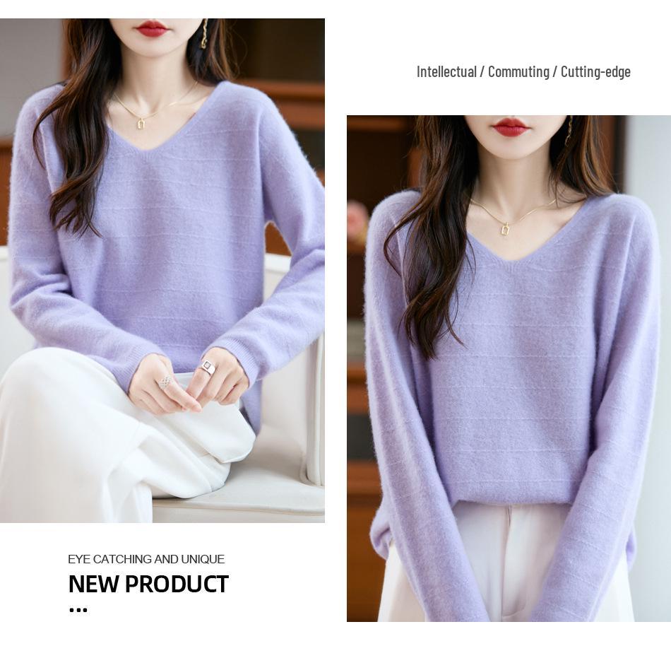 Women's V-Neck Pure Wool Sweater: Lightweight, Lazy Style Knit for Autumn & Winter, Cashmere Base Layer.