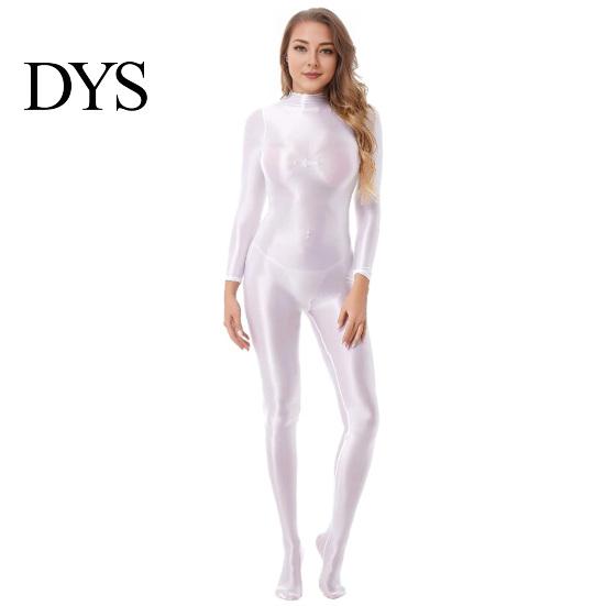 Supportive Bodysuit Lady Glossy Bodystocking Stretchy Sexy Full Long Sleeve Jumpsuit with Zipper Shiny Smooth Leotard Catsuit for Dance Practice Club