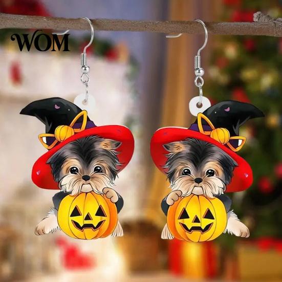 Distinctive Halloween Theme Jewelry Witch Hat Puppy Earrings, Cute Dog Pumpkin Drop Unique Pet Accessories Lightweight Acrylic Jewelry, for