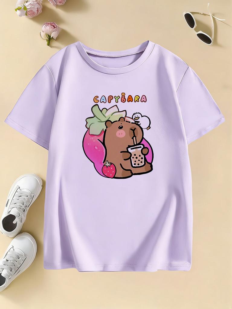 Childrens Tshirt Cute Capybara Drinking Milk Tea Printed T Shirts Short Sleeve Kids Boys Girls Summer Casual Top Tee Clothes