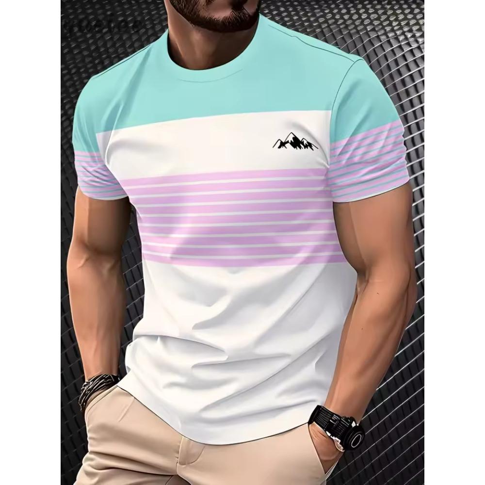 Colorful Striped Small Icon Simple Fashionable Comfortable Soft Breathable Large Loose Casual Short Sleeved Men's T-shirt