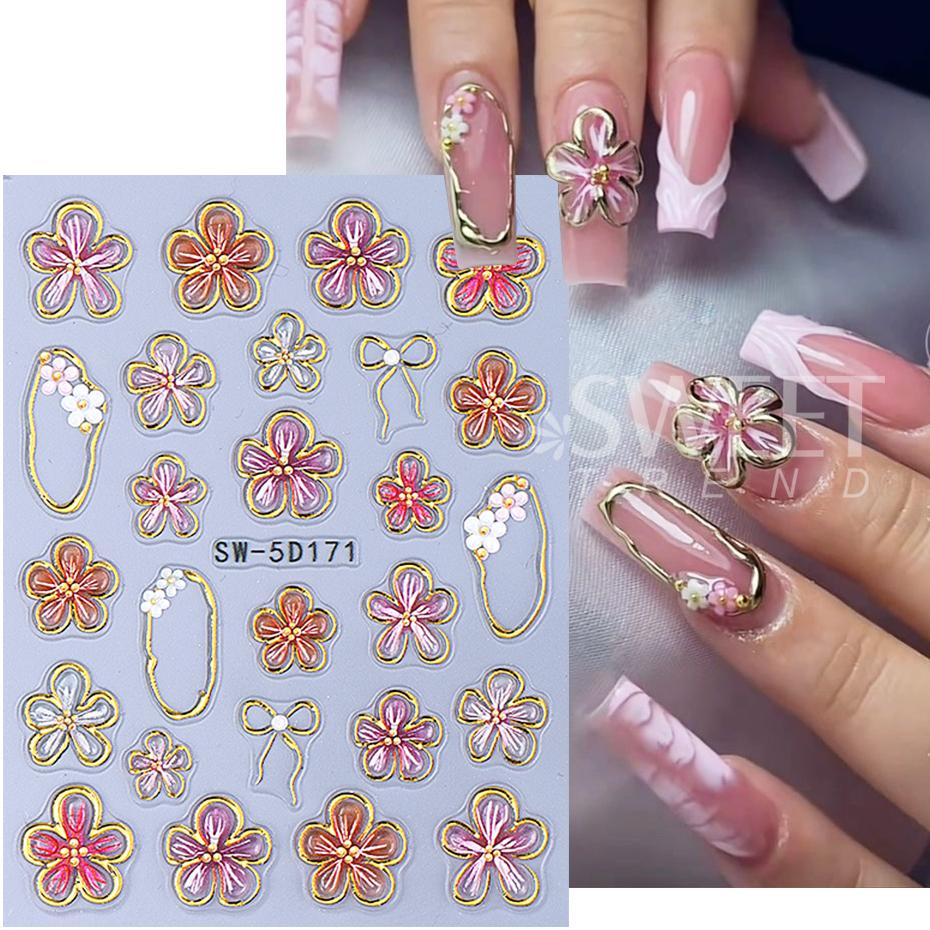 5D Crystal Lily Embossed Nail Sticker Colorful Petal Gold Line Frame Bow Slider Decal DIY Manicure Decor Accessories Tools