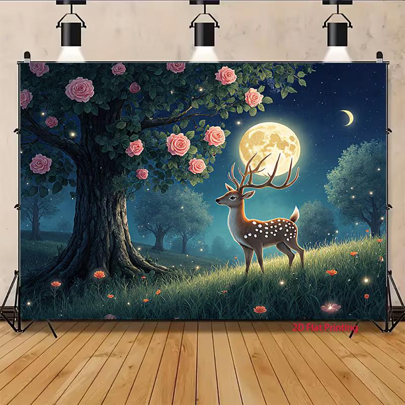 2D Magical Night Deer Backdrop Moonlight Forest Photography Background