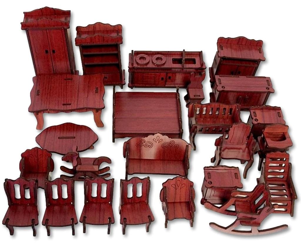 Wooden Miniature Furniture Set Dollhouse Easy Assembly Kit No Tools Required Pretend Play Small Furniture (Dark Brown)