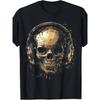 European Size Skull's Music Earphones Polyester, Washed Printed T-shirt, Seasonal Casual Men's T-shirt, Round Neck Polyester Short-sleeved T-shirt