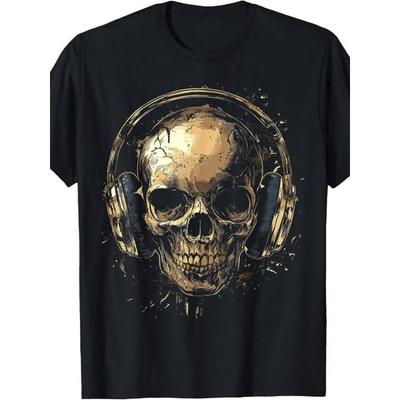 Europese Maat Schedel Muziek Oordopjes Polyester, Gewassen Geprint T-shirt, Seizoensgebonden Casual Heren T-shirt, Ronde Hals Polyester Korte Mouwen T-shirt