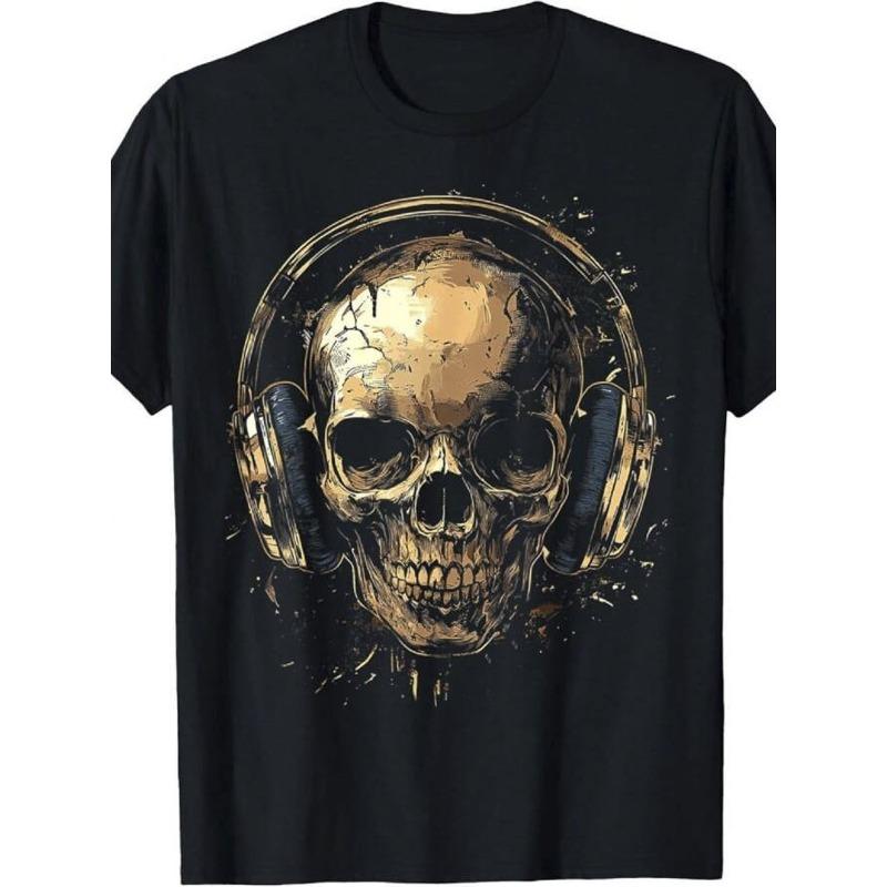 

European Size Skull s Music Earphones Polyester, Washed Printed T-shirt, Seasonal Casual Men s T-shirt, Round Neck Polyester Short-sleeved T-shirt 4XL чорний