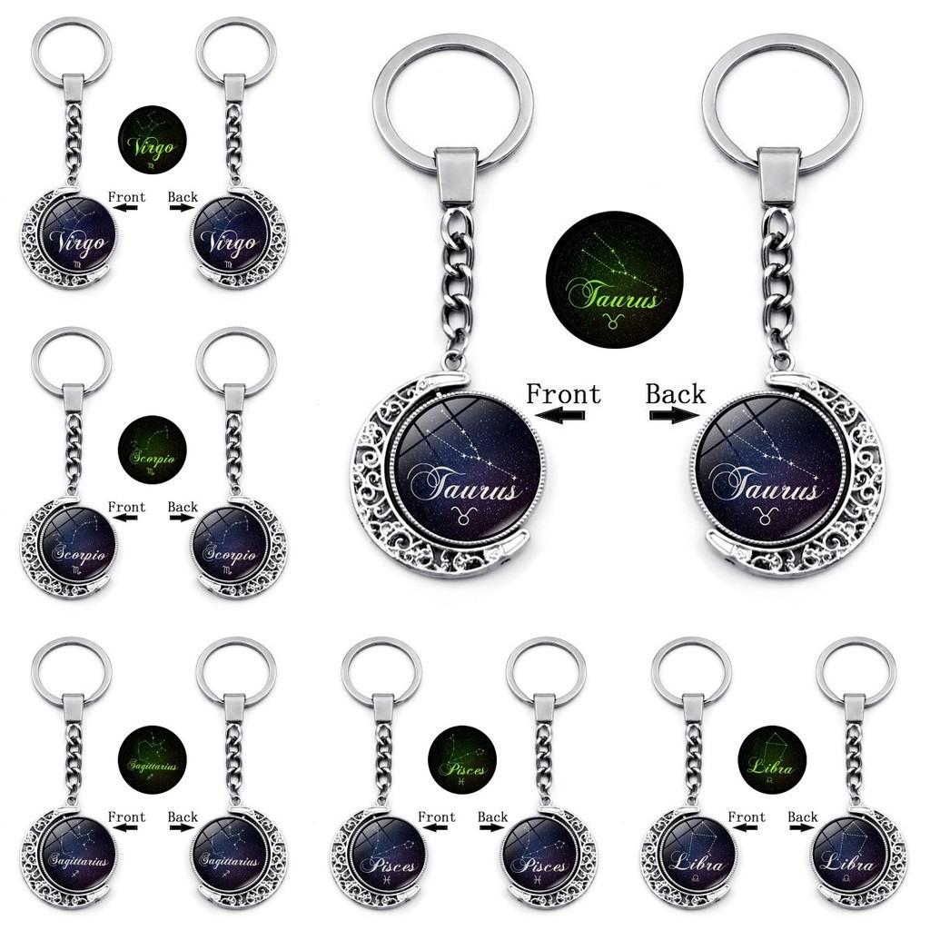 Stunning Zodiac Starry Night Keychain With Luminous Time Gem Moon Pendant