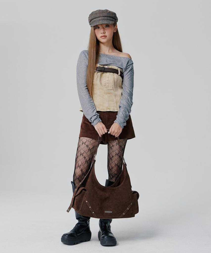 Peanut Loop Stud Buckle Suede Bag Brown