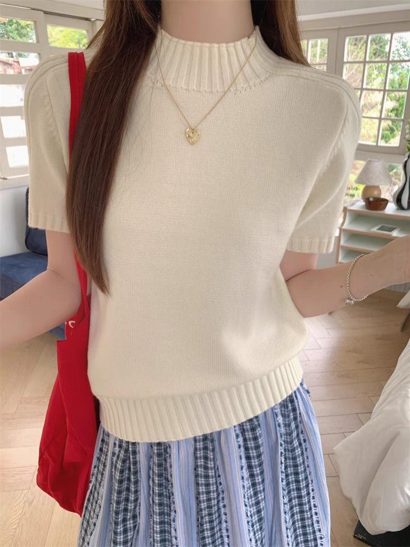 

Women s Summer 2025 Retro Semi-High Neck Knitted Short Sleeve Top - Solid Color Pullover T-Shirt Medium