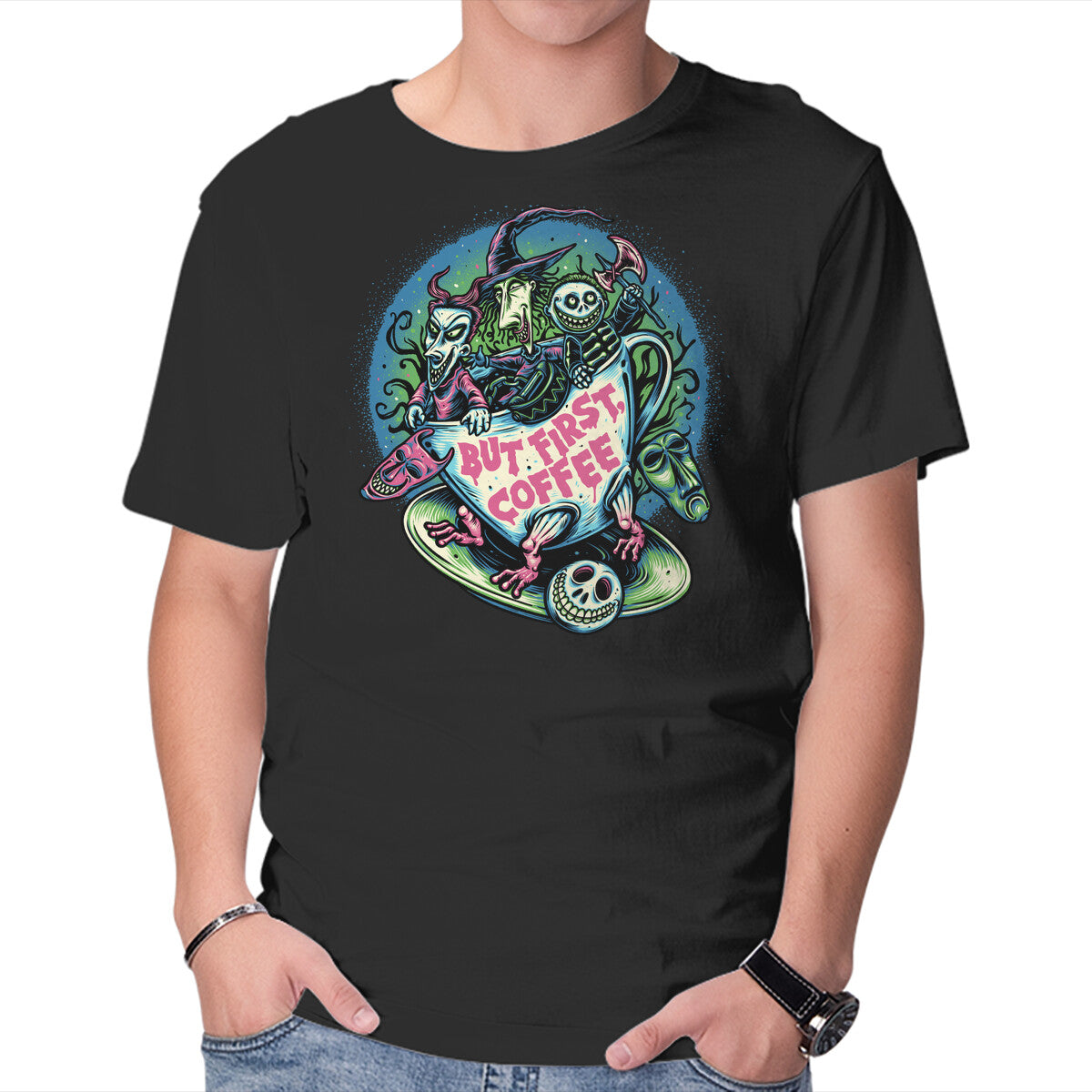 Unisex Crew Neck T-Shirt But First Coffee Graphic Short Sleeve Casual Tee XXXXL