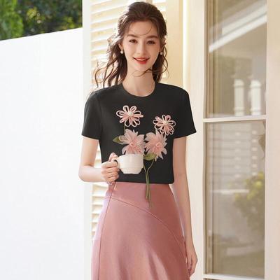 Damen T-Shirt mit 3D-Blumenmuster und Rundhalsausschnitt