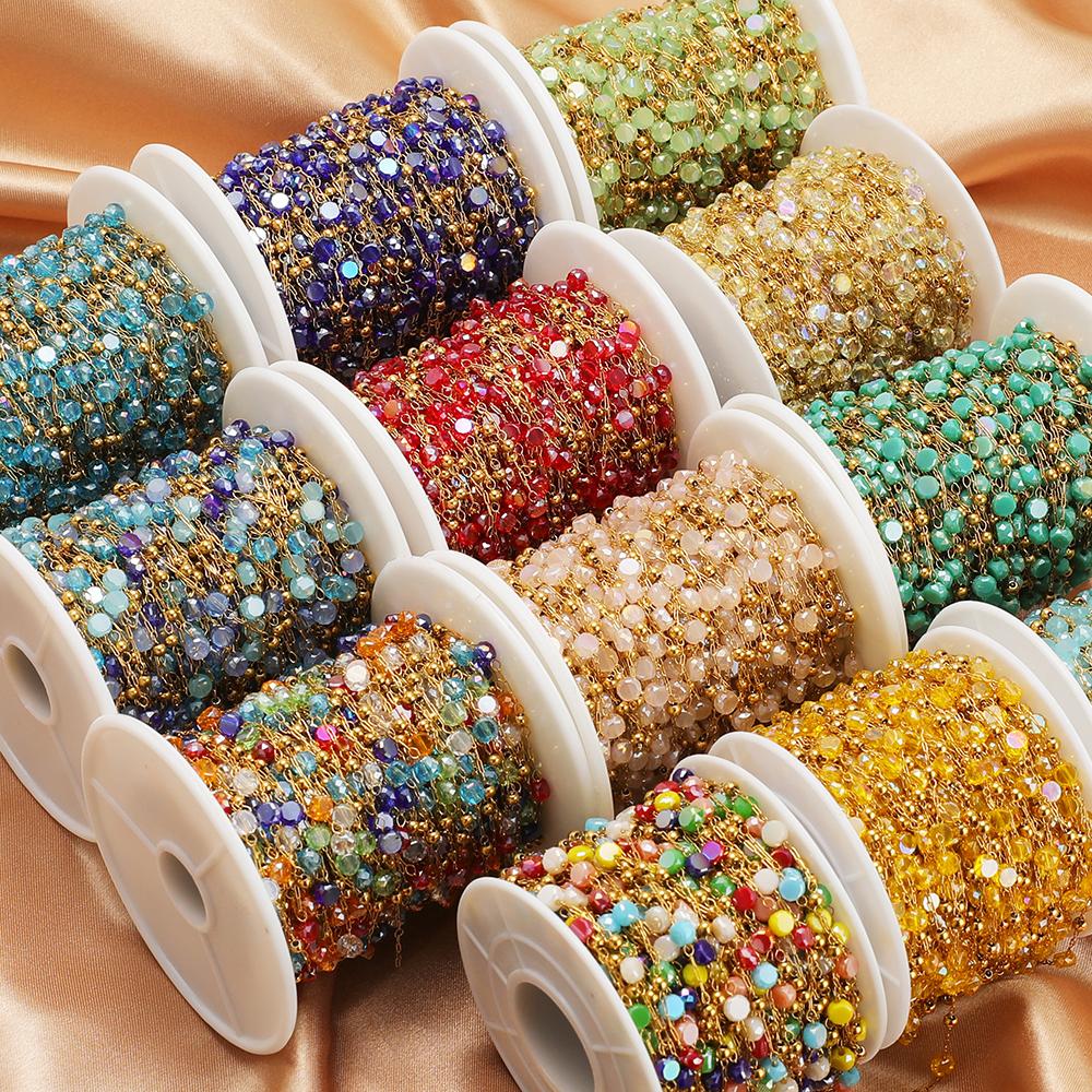1 Meter Stainless Steel Vacuum Gold Beads Chains with 4mm Crystal Glass for DIY Necklace Findings Craft Bracelets Jewelry Making