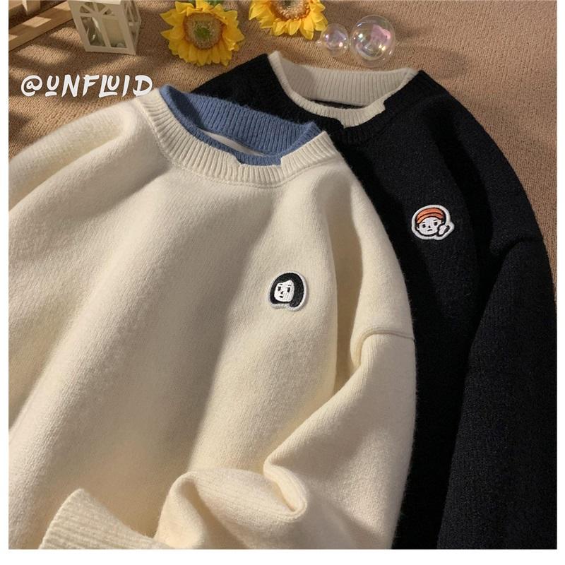 Men's Fake Two Piece Knit Sweater Crew Neck Casual Embroidered Pullover