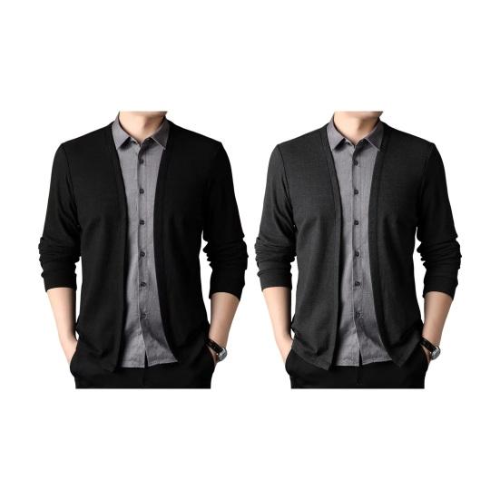 Homens Primavera Outono Top Falso Camisa de Duas Peças E Cardigan Patchwork Malha Suéter Gola Dobrada Estilo Formal Casaco de Escritório