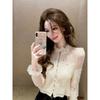 Beige Lace Ruffled Collar Sheer Blouse Women's Long Sleeve Button Front Elegant Casual Top