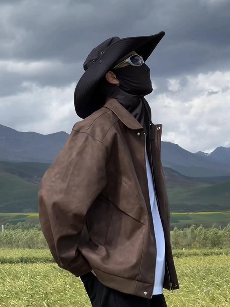 Men's Maillard Brown Waterproof Leather Biker Jacket - Spring/Autumn Turn-Down Collar