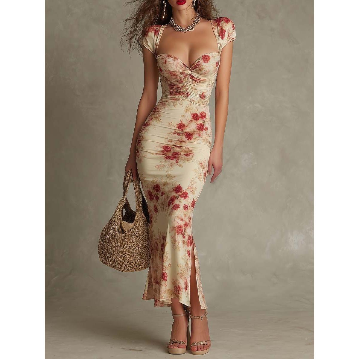 Women s Sweetheart Neck Short Sleeve Floral Print Midi Dress Slim Fit High Waist Bodycon Party Dress S