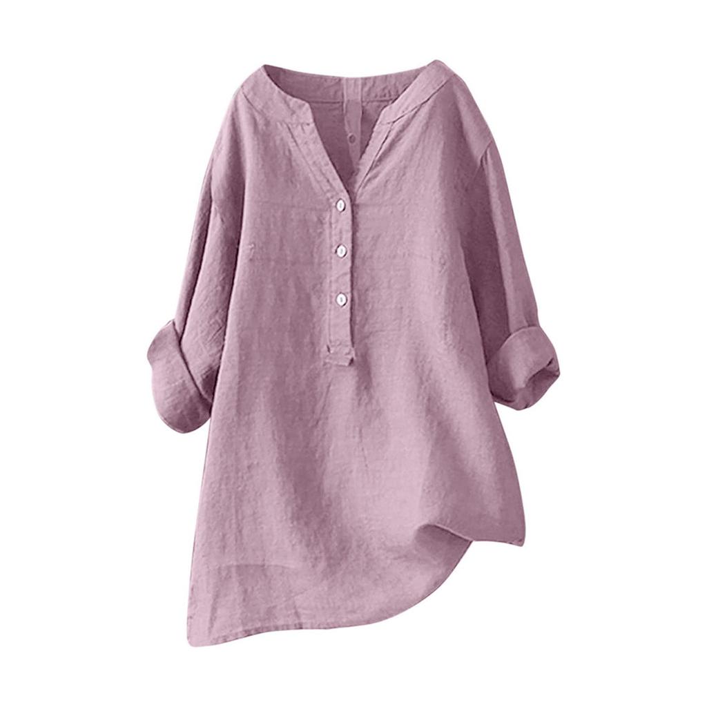 Women’s Long Sleeve Linen Tunic Shirt Loose Fit Button Down V Neck Casual Blouse Lightweight Comfortable Top