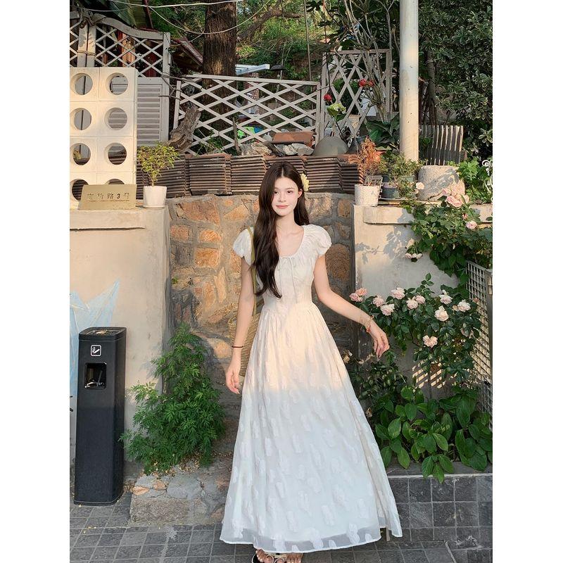 Kumikumi French style Elegant Jacquard Strap Puff sleeve One piece Dress Women clothing Summer Chic Age-Reducing Slimming Long dress