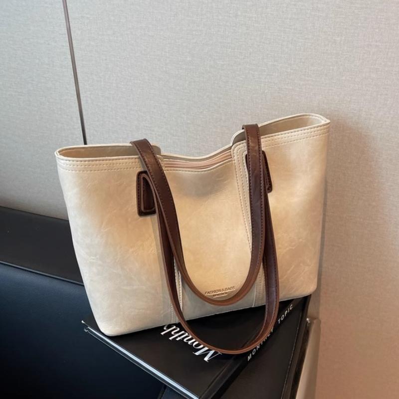 Trendy Soft Faux Leather Large Capacity Tote Bag with Brown Trim Minimalist Design Underarm Bag Spacious Work Shoulder Bag