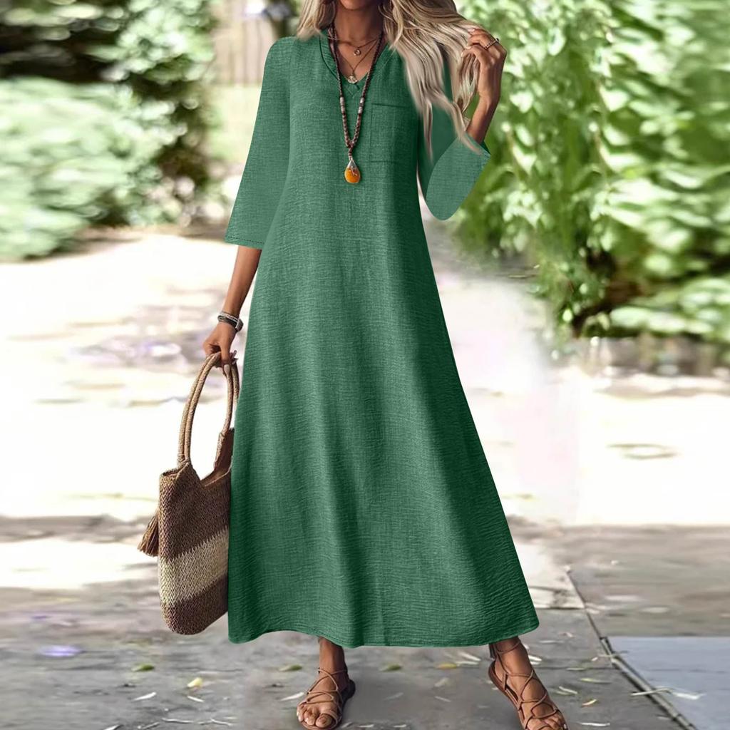 Women's Fashion V-Neck Seven Sleeve Pocket Solid Color Zipper Casual Vacation Long Cotton Linen Dresses