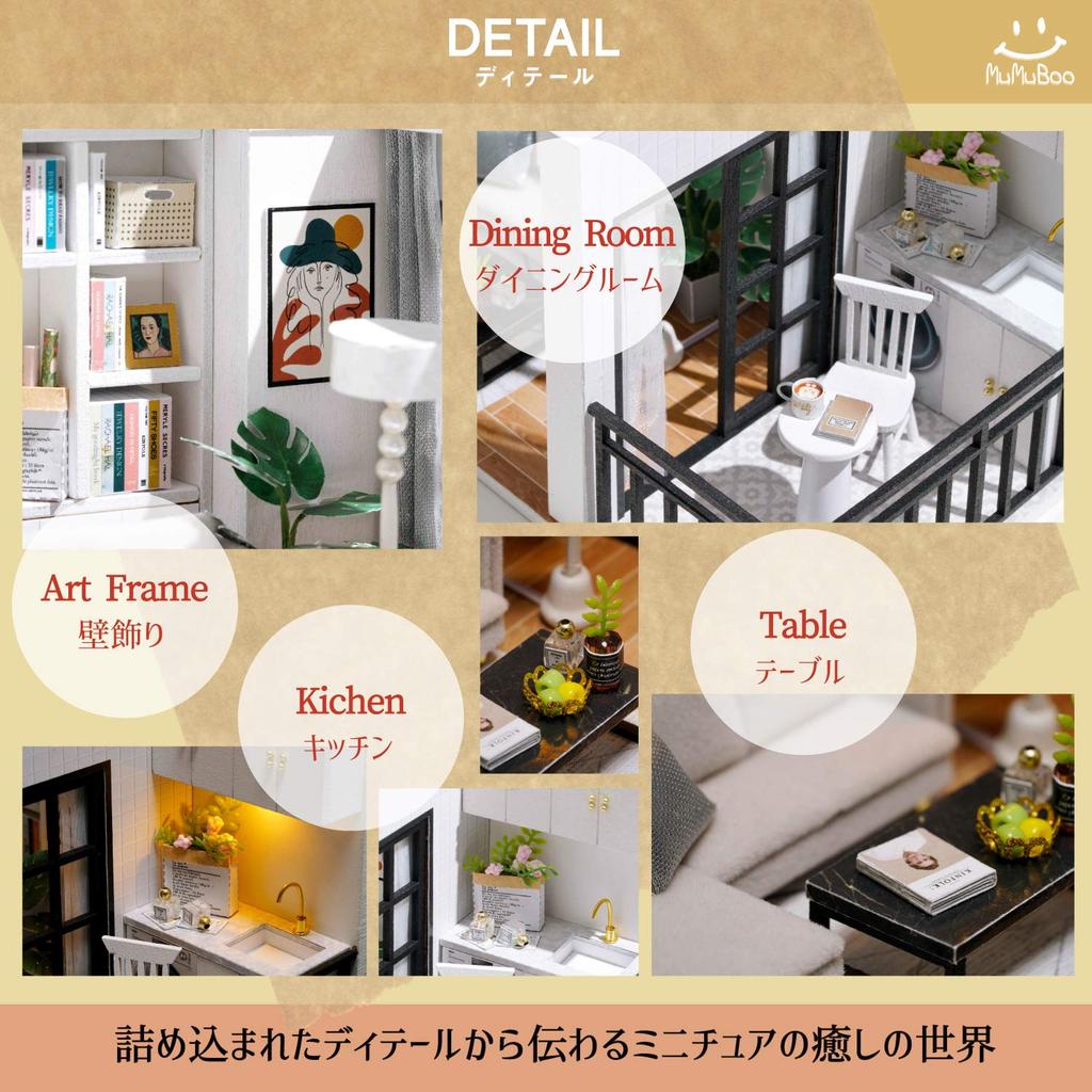 MuMuBoo Dollhouse, DIY Wooden Miniature Kit for Beginners, Includes Japanese Instructions, LED Light, and Dustproof Display Cover (VITALITY LIFE)