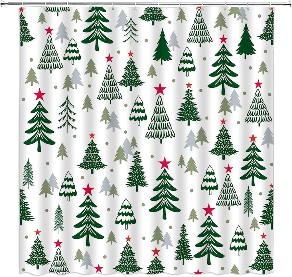 Christmas Tree Shower Curtain Blue Cute Xmas Tree Stars Cartoon Winter Holiday Merry Christmas New Year Bathroom Decor