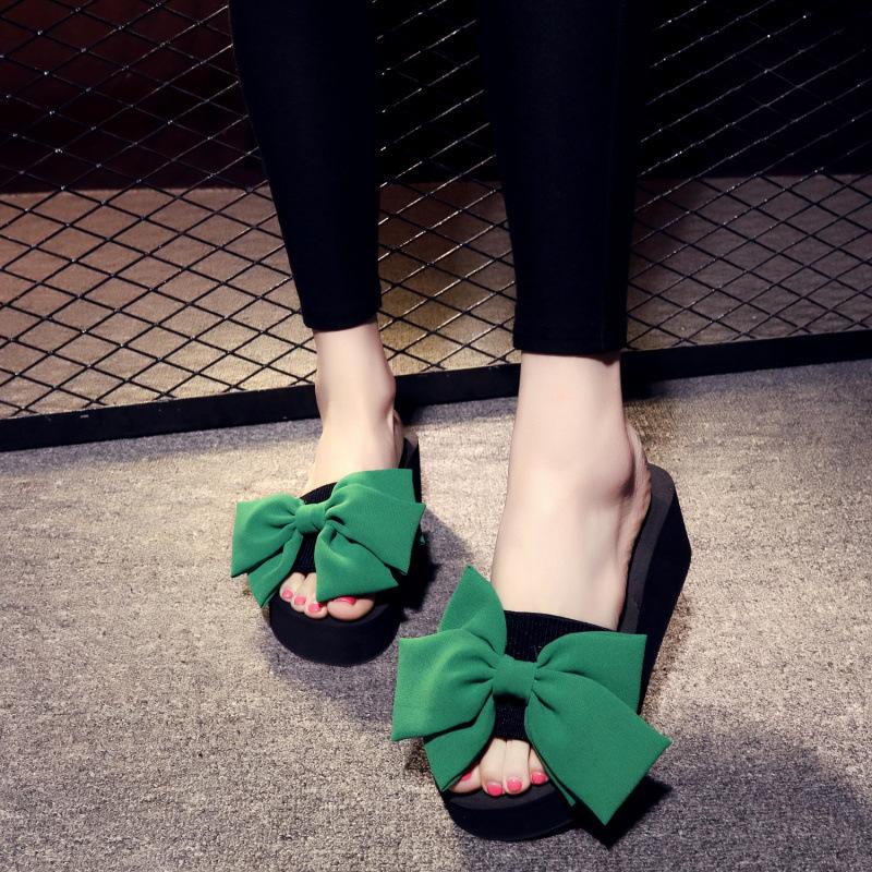 Bowknot Slippers Women Fashion Summer High Heels Thick Sole Anti Slip Slope Heel Outdoor Beach Cool Slippers Sandals Women