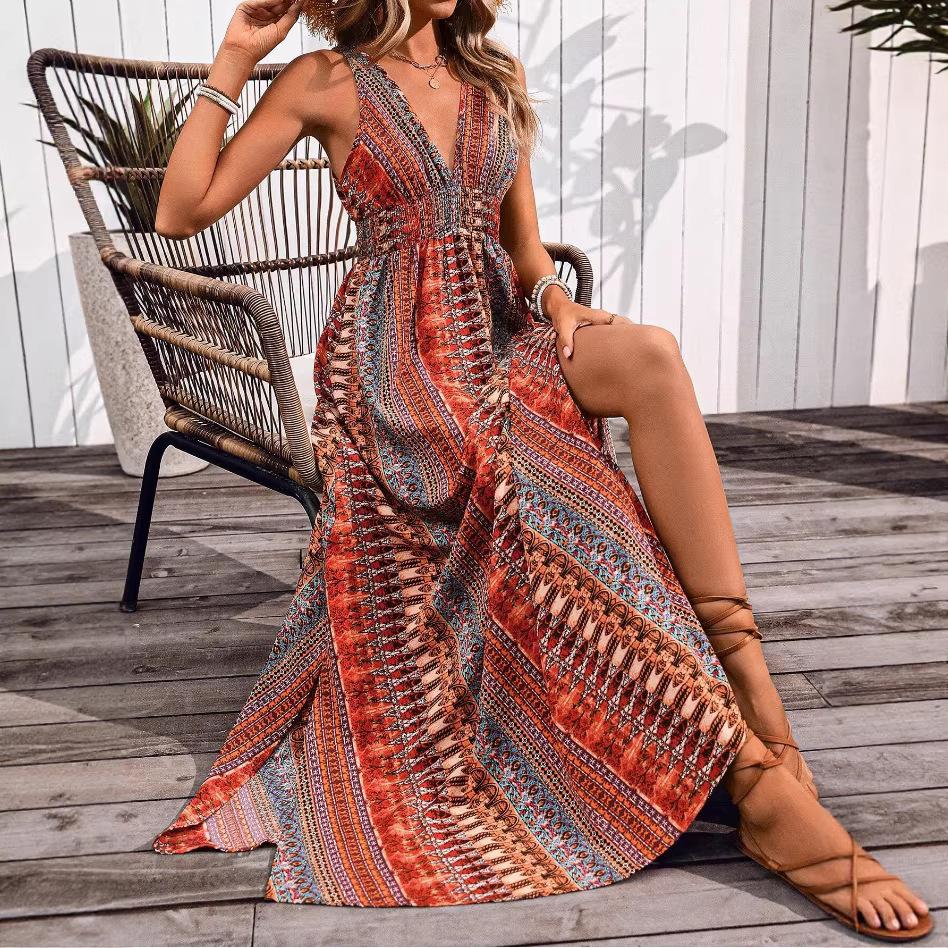 Summer new vacation fashion waist deep V print sleeveless dress