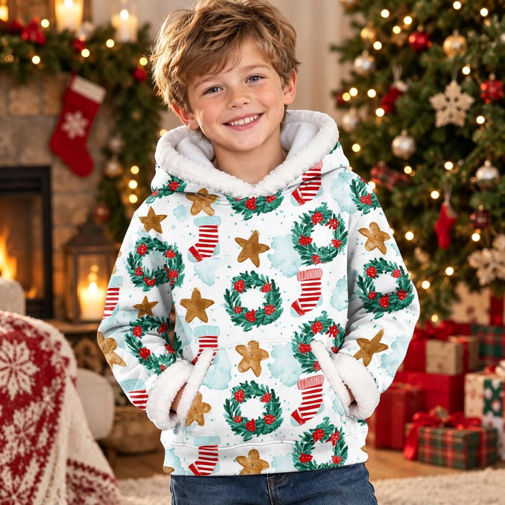 Kids Long Sleeve Christmas Print Casual Fashion Hooded Top