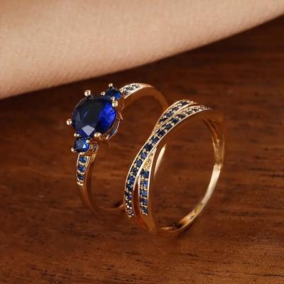 Set di anelli con croce in pietra blu taglio rotondo di colore dorato vintage Set di anelli per fedi nuziali Set regalo di San Valentino